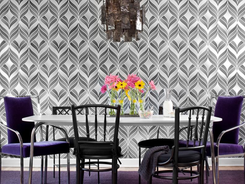 Gray and White Dining Area with Purple Chairs