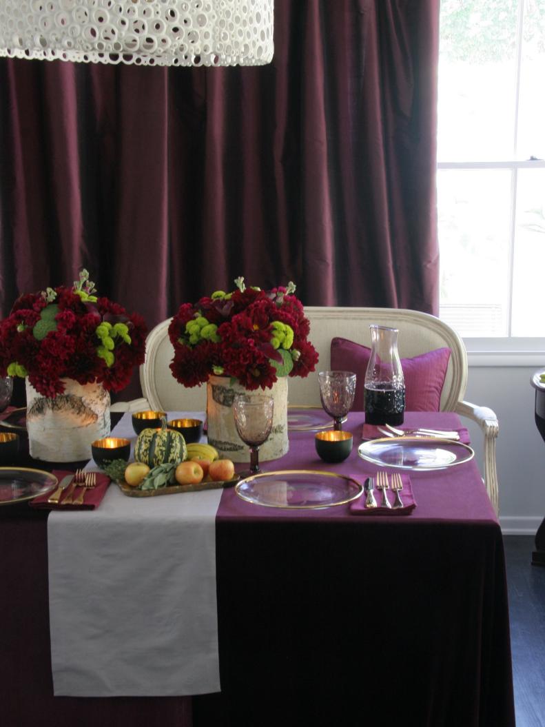 Floral Centerpieces in Purple Dining Room 