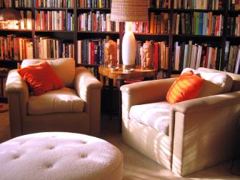 Home Library With Beige ArmChairs and Ottoman 