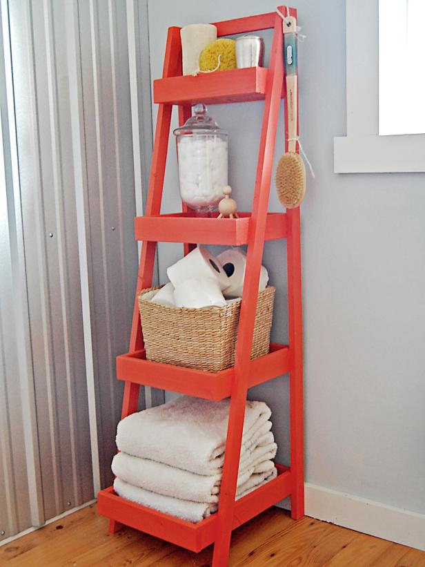 Colorful Bath Storage Tower Loaded With Towels and Bath Products