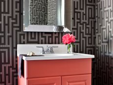 Eclectic Black and Silver Bathroom With Pink Vanity