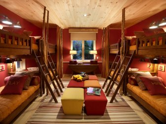 Red Wall Ski Dorm with Bunk Beds and Hardwood Ceiling