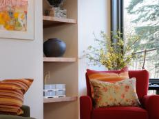 Red Chair and Birch Wood Shelving