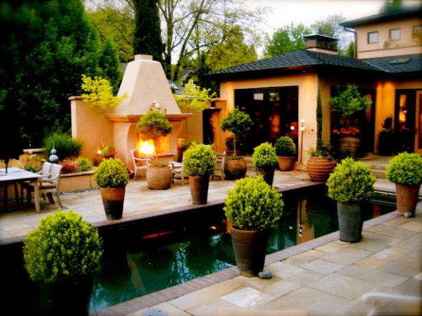 Potted Shrubs Around Lap Pool