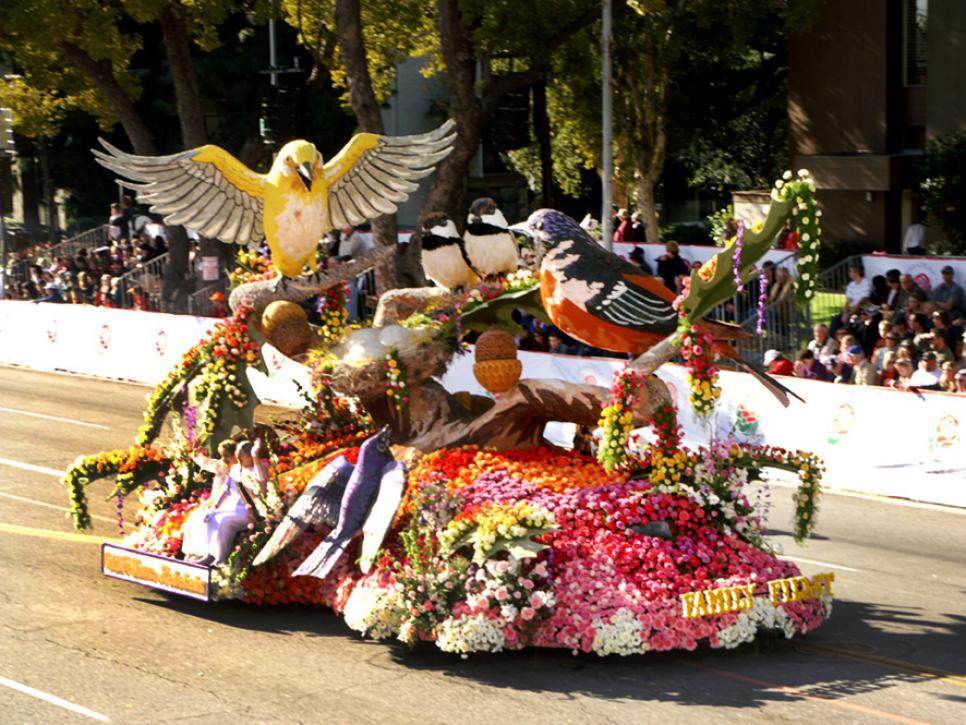 Multicolor Rose Parade Float With Birds and Bird's Nest