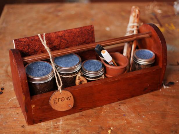 Wooden Caddy Filled With Seed-Starting Supplies