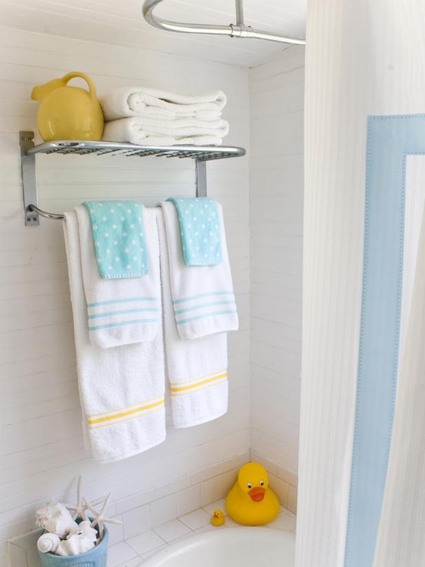 Sterling Towel Rack and Linens in Guest Bathroom Shower