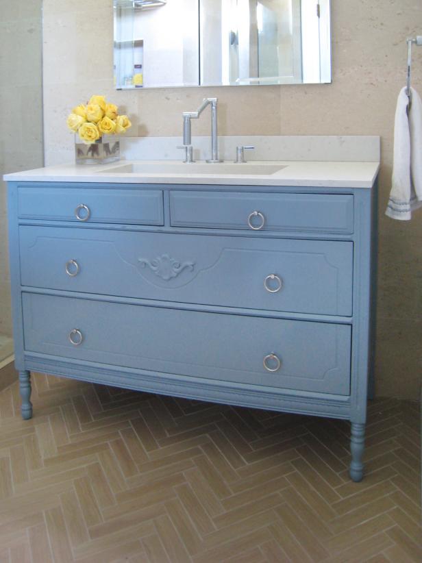Turn A Cabinet Into Bathroom Vanity, Refurbished Bathroom Vanity