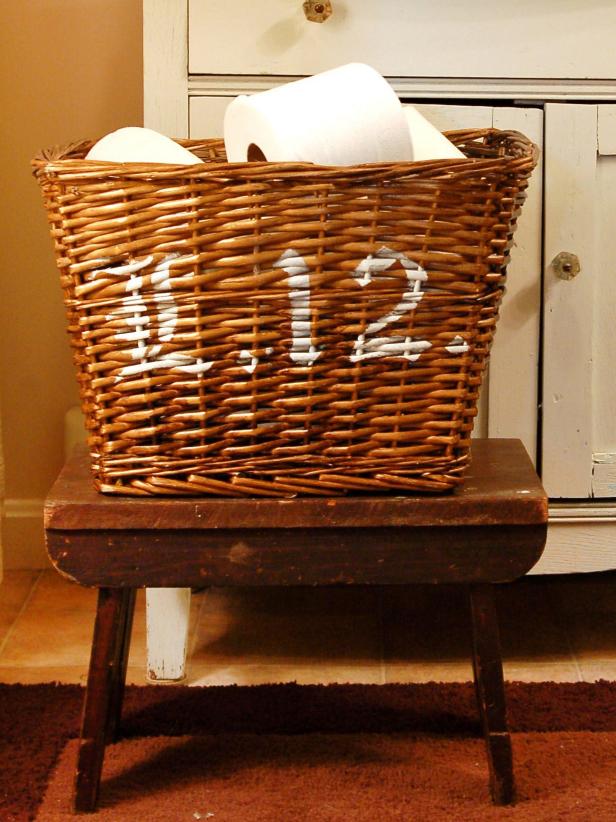 Bathroom Basket With Stenciled Lettering & Toilet Paper