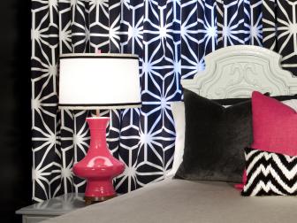 Graphic Black and White Curtains Behind Bed, Pink Modern Lamp