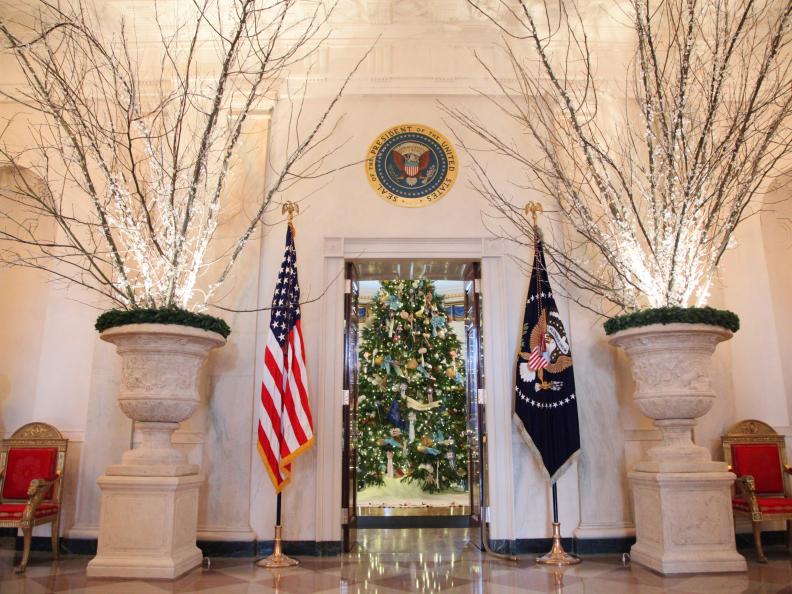 White House Blue Room Entry With Large Urns Holding Lighted Branches