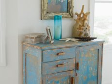 Antique Distressed Blue Chest and Art in Distressed Frame