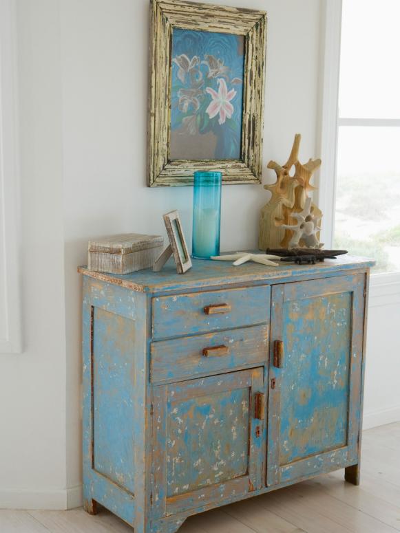 Antique Distressed Blue Chest and Art in Distressed Frame