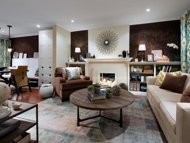 Brown and White Living Room With Brown Chair and Wood Table