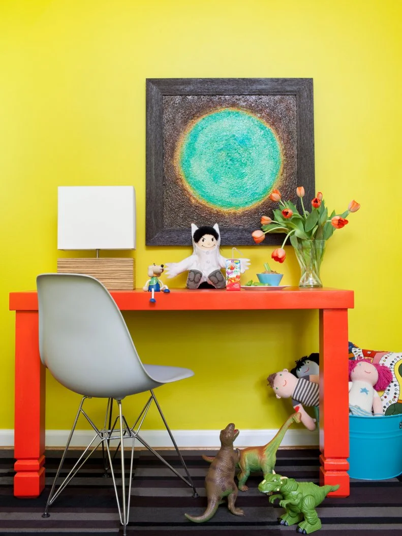 Contemporary, Yellow Kid's Room With Orange Desk