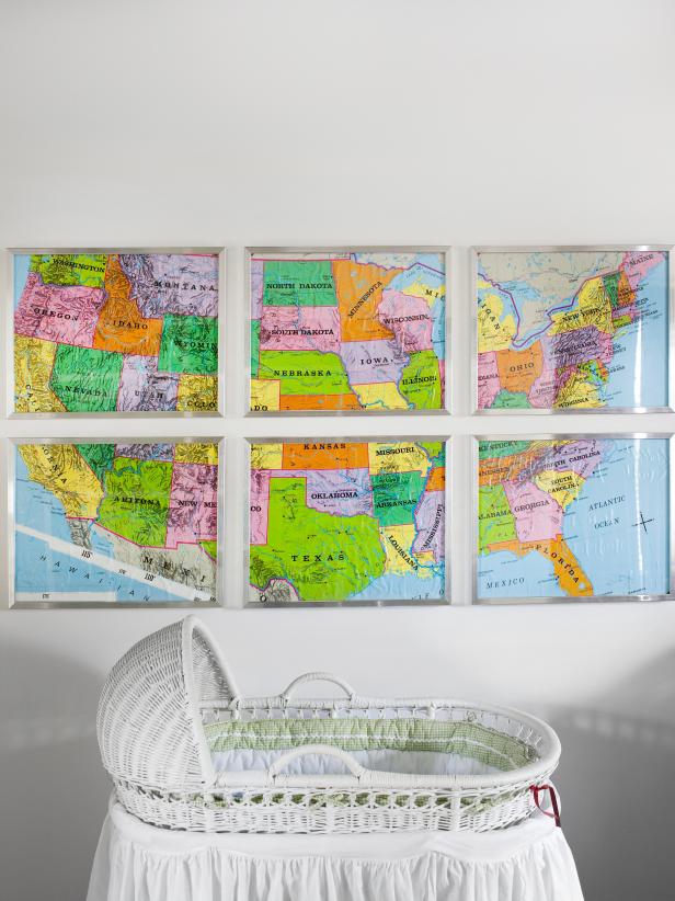 Framed Map of USA over Baby Bassinet 