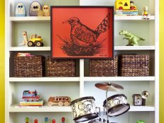 White Bookcase With Storage Basket, Bird Artwork and Toy Drum Set