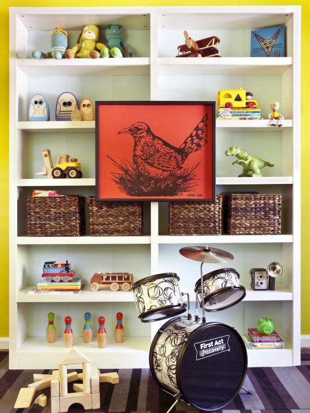 White Bookcase With Storage Basket, Bird Artwork and Toy Drum Set
