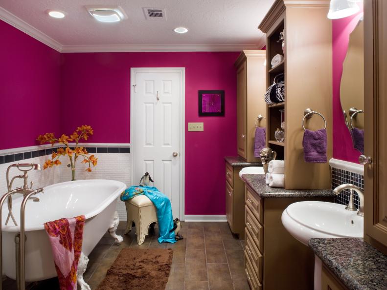 Fuchsia Bathroom With Black and White Wall Tile and Clawfoot Tub