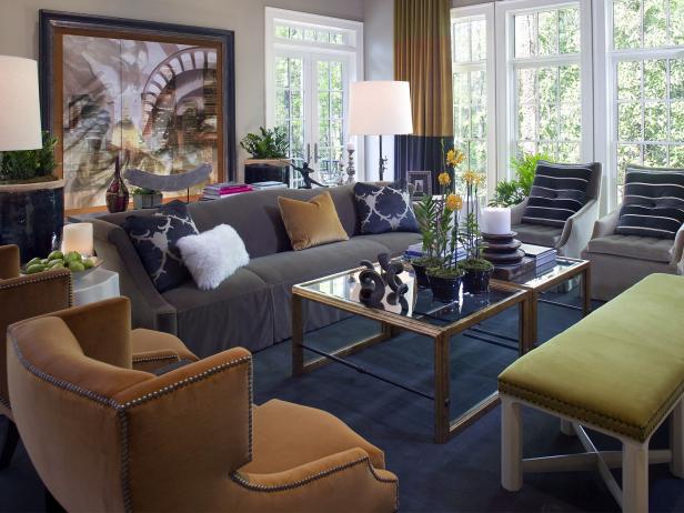 Transitional Living Space With Navy, Gray and Pear Accents
