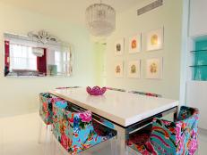 White Dining Room With Floral Chairs and Custom Glass Shelves