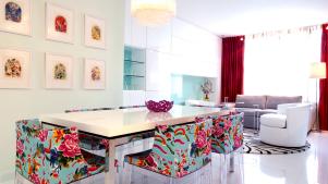 Contemporary Pastel Dining Room With Vibrant Floral Chairs