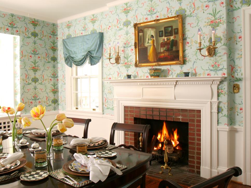 French Country Dining Room with Floral Wallpaper | HGTV
