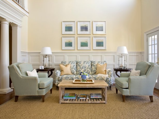 Neutral Traditional Living Space With Light Blue Accents