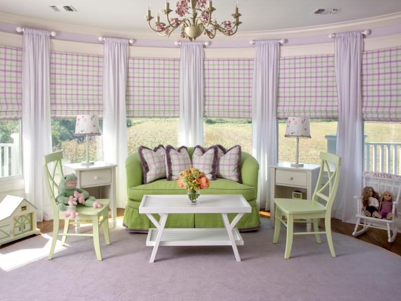 Girl's Room With Curved Wall of Windows and Lavender and Green Palette