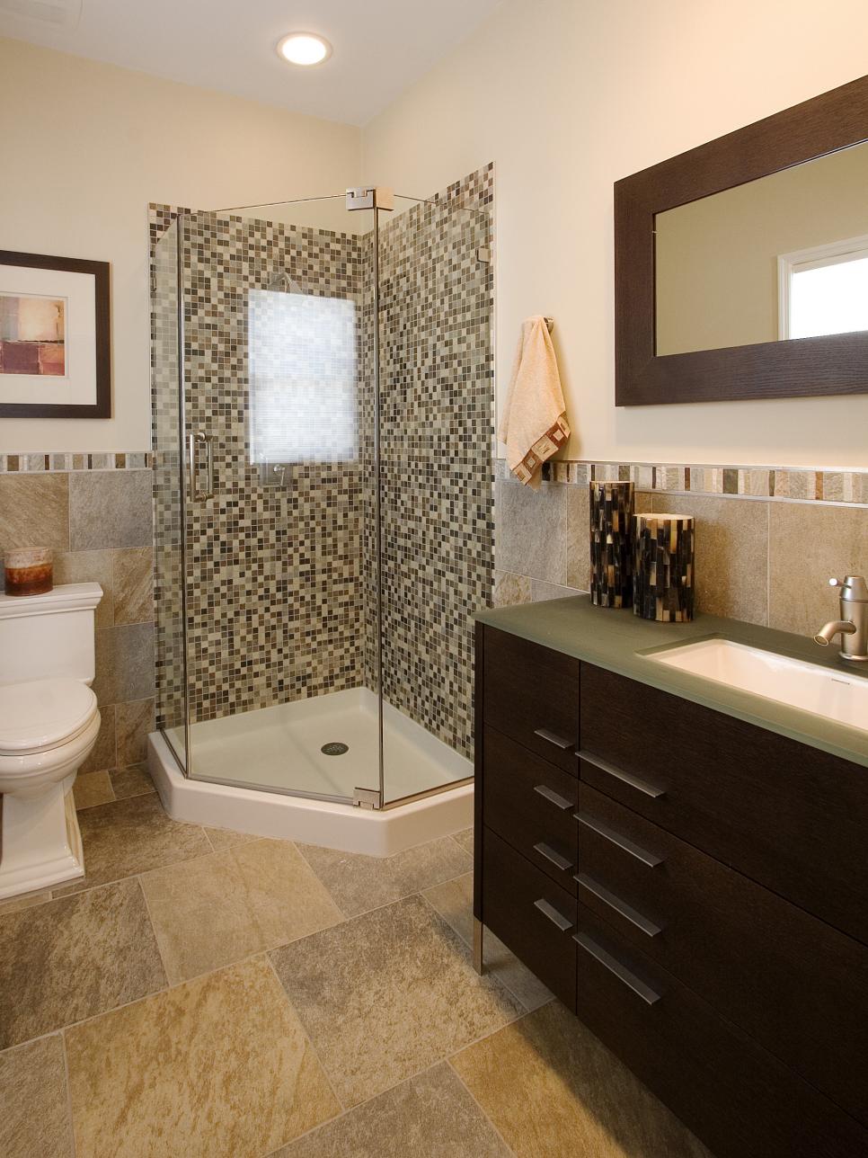 Bright Bathroom With Corner Shower Featuring Mosaic Tile | HGTV