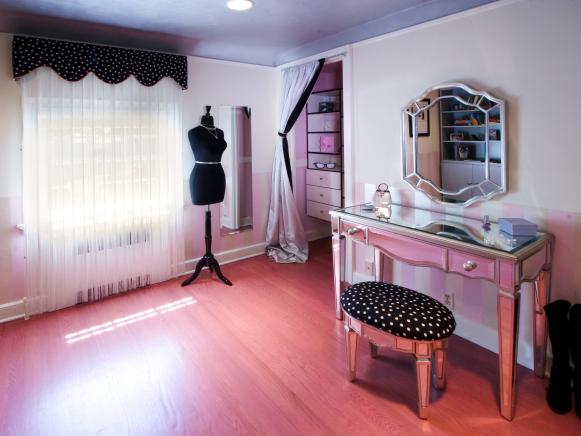 Dressing Room with Silver Vanity and Polka Dot Stool