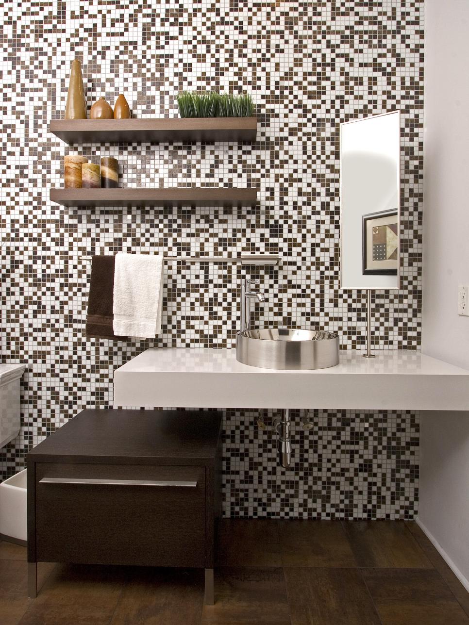 Modern Bathroom With White and Brown Mosaic Tile | HGTV