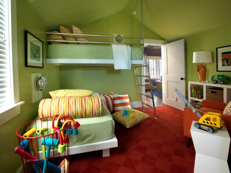 Green Contemporary Kids Bedroom with Metal Loft Bed
