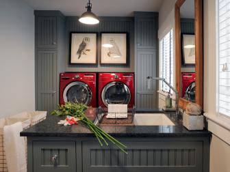 Gray laundry room with front-loading units
