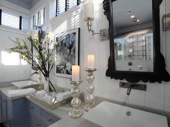 White Bathroom With Vessel Sink Double Vanity and Black Mirrors
