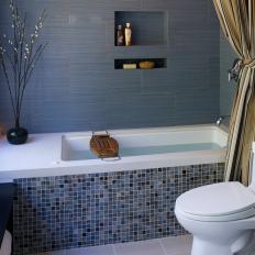 Contemporary Gray Bathroom With Mosaic Tile Bathtub Wall