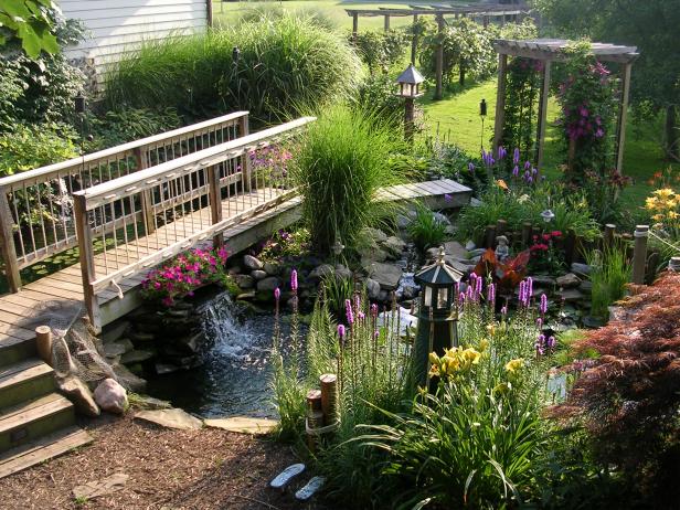 Garden With Wooden Bridge, Pergola & Pond