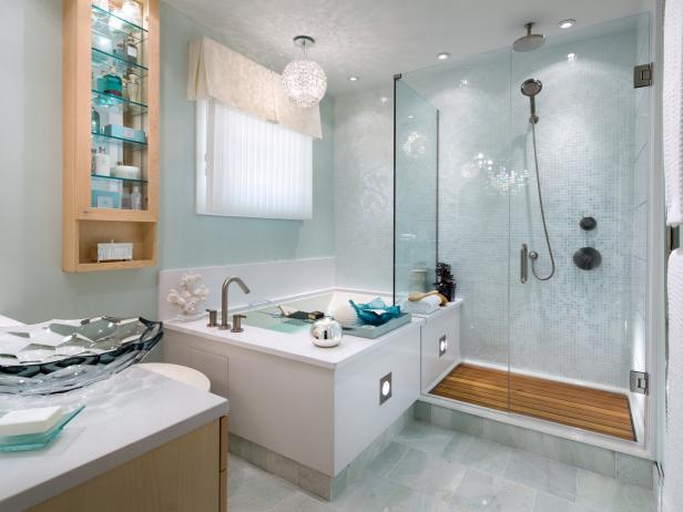 Blue Bathroom With Stylish Medicine Cabinet 