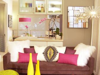 Muted Purple Sofa With Pink and White Pillows 