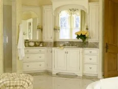 Bathroom With Yellow Patterned Wallpaper and Weathered White Vanity