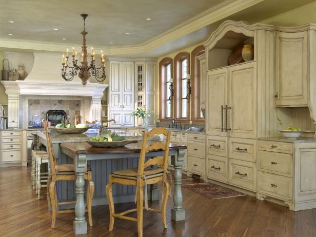 French Country Kitchen With Distressed Cabinets And Blue Island Hgtv