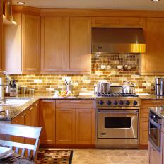Transitional Kitchen With Brown Tile Backsplash