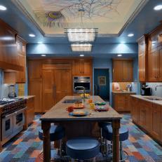 Eclectic Blue Kitchen with Peacock-Feather Ceiling Mural