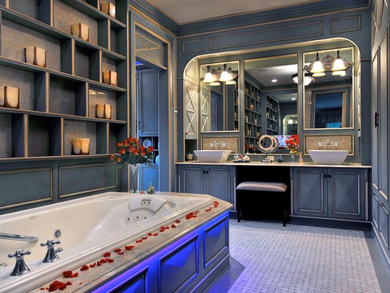 Blue Romantic Bathroom With Chromotherapy Tub and Double Vanity