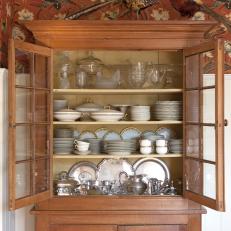 Traditional Wood China Cabinet; Floral and Aviary Patterned Wall Treatment