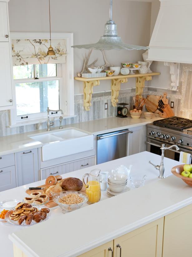 White Cottage Kitchen with Farmhouse Sink and Gray and Yellow Accents ...