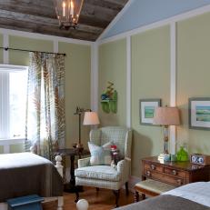 Boy's Blue and Green Cottage Room with Rustic Gaslight Style Lamp
