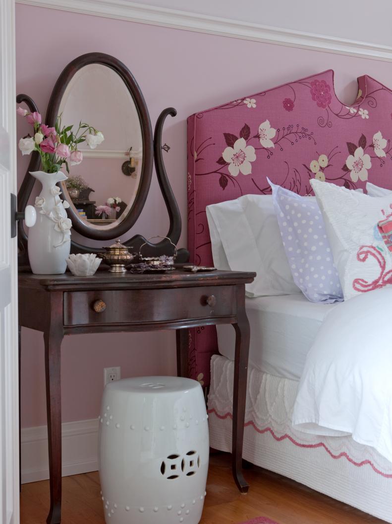 Pink Girl's Bedroom with Floral Headboard 