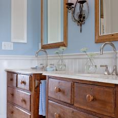 Blue Country Bathroom With Repurposed Vanities