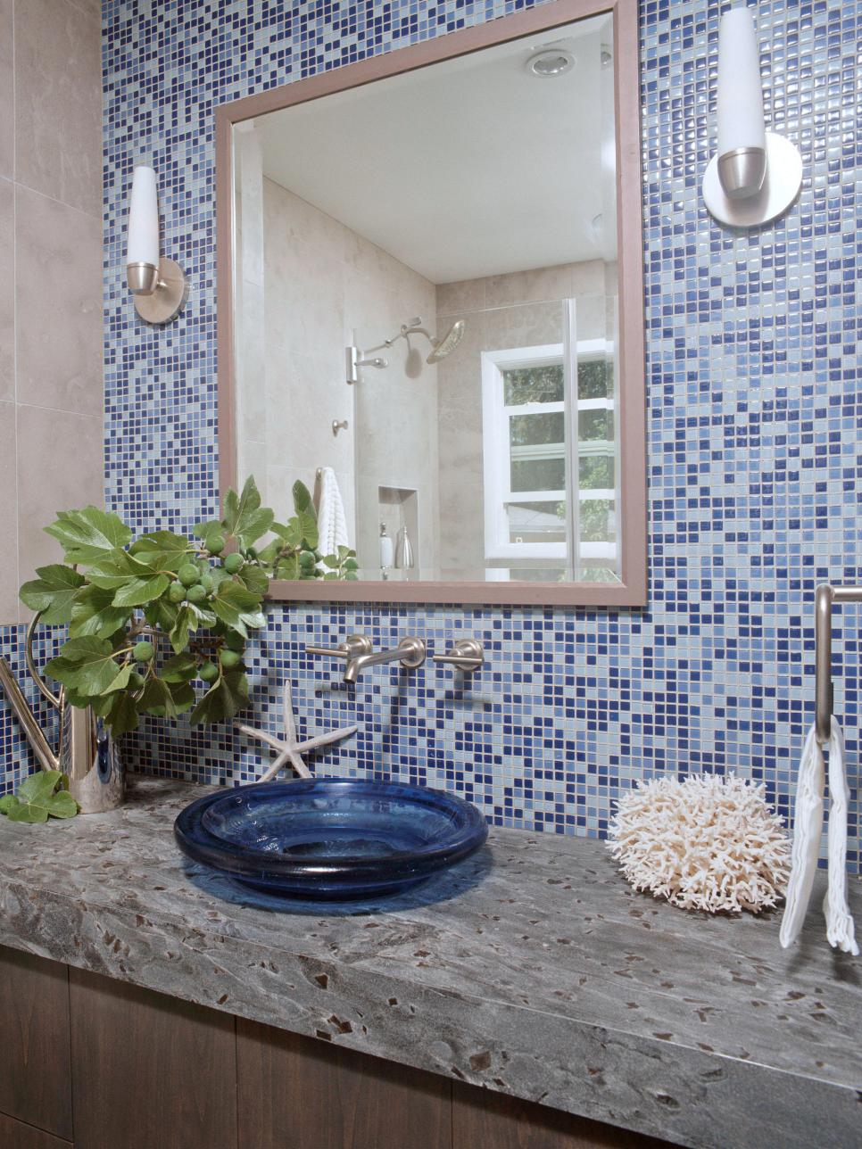 Coastal Bathroom With Blue Mosaic Tile Wall HGTV